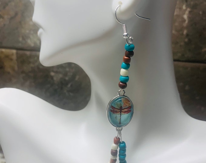 Dragonfly and Turquoise/Brown Colored Dangle Earrings
