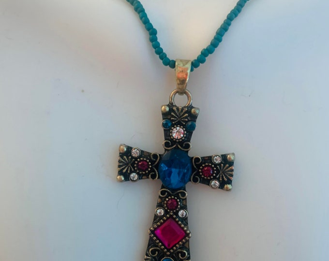 Jewel Cross Necklace on Turqoise Beaded Chain