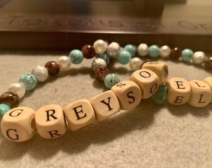 Personalized Turquoise Color and Brown Bracelet set with Wood Block Letters