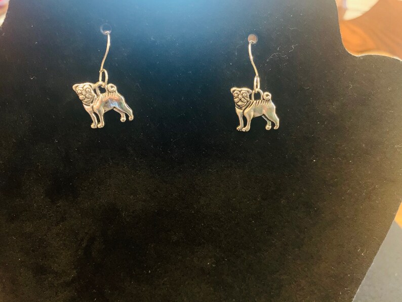 Customer Chooses Plain or in Circle Silver Pug Dangle Earrings