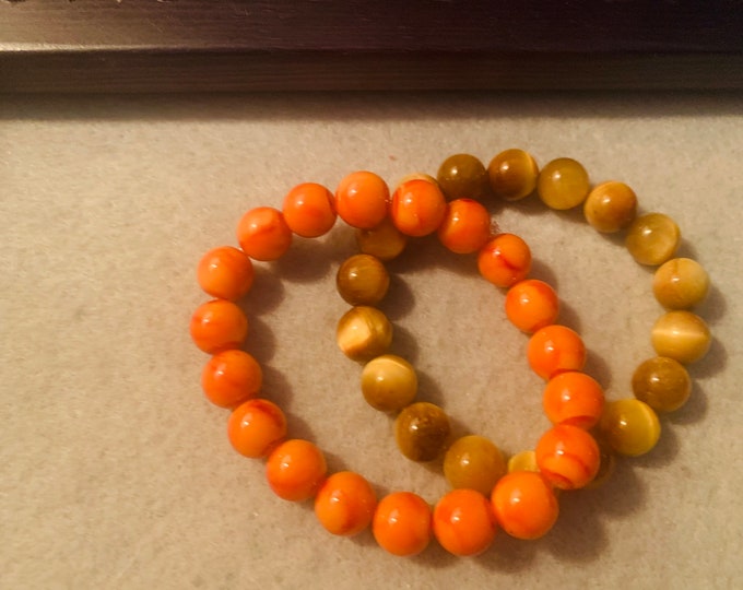 Light brown Tigers Eye and Orange Glass beads beaded stretch bracelet set (2)