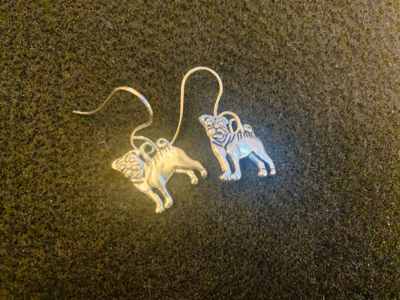Customer Chooses Plain or in Circle Silver Pug Dangle Earrings