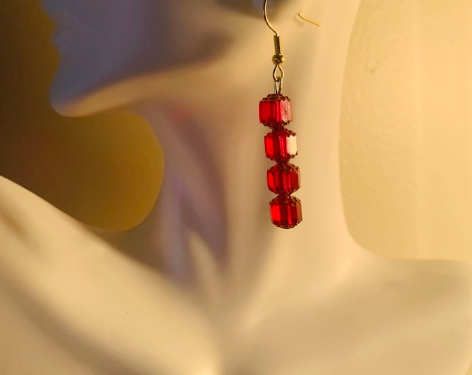 Red square Czech fire polished bead dangle earrings with bronze accents