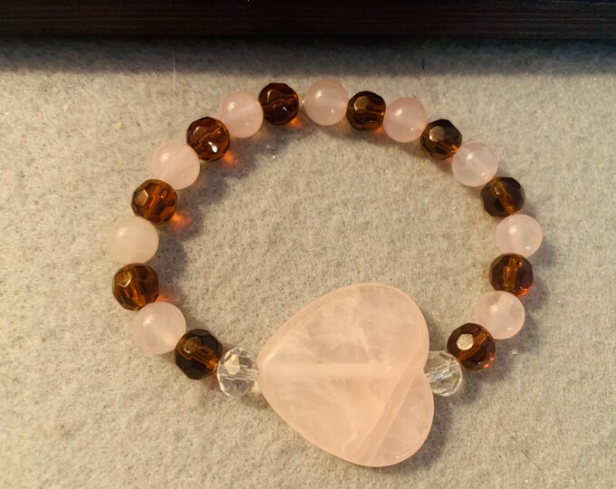 Pink and brown Rose Quartz Heart (large heart) Beaded Stretch Bracelet