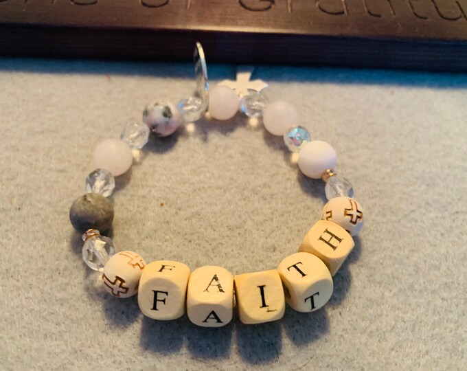 Personalized Beige, Light Pink and Brown beaded bracelet (pictured- “faith”) with charms