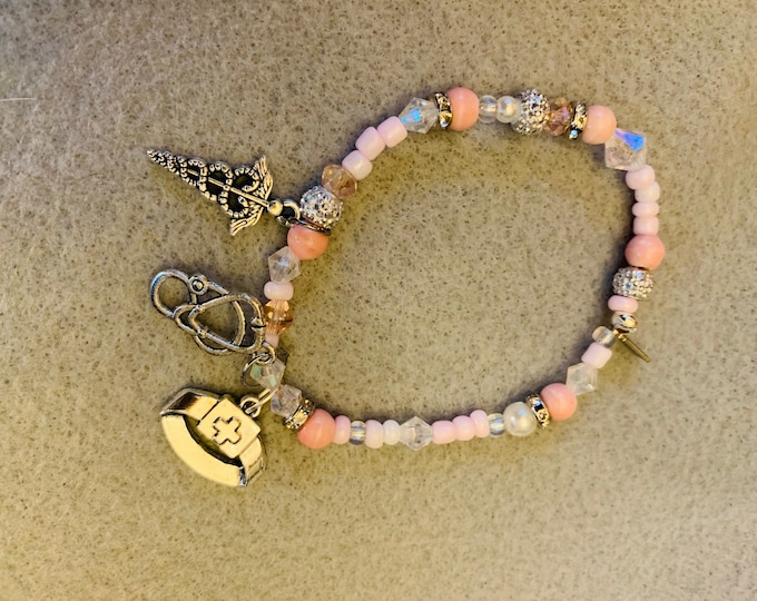 Nurse Beaded Stretch Bracelet (All color schemes available; pink in picture)