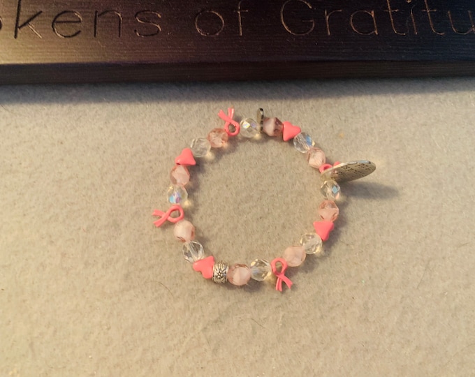 Breast Cancer Awareness Beaded Stretch Bracelet with Charm