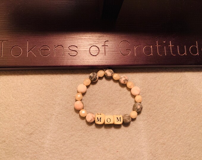 Mothers Day “mom” Beaded Bracelet with wooden bead block letters