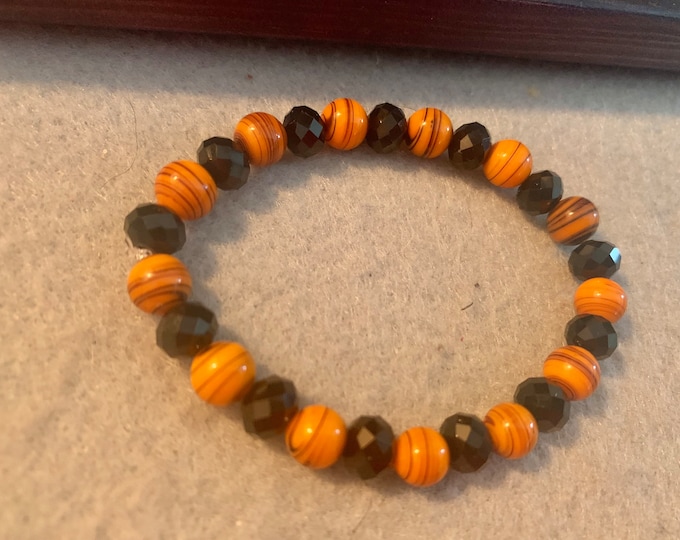 Orange & Black Beaded Bracelet (stretch, 8 mm beads)
