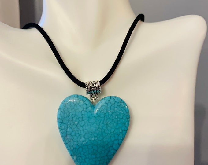 Turquoise heart (large) necklace on black cord