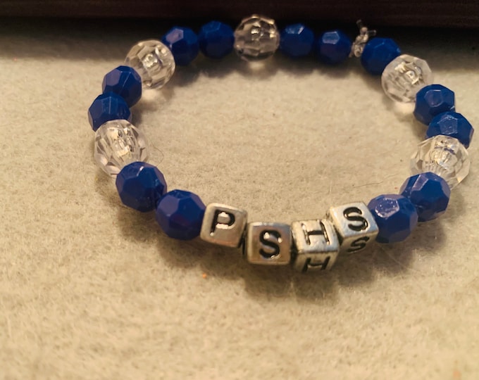 Royal Blue Sparkly beaded stretch bracelet with Silver letter beads (customer chooses personalization)