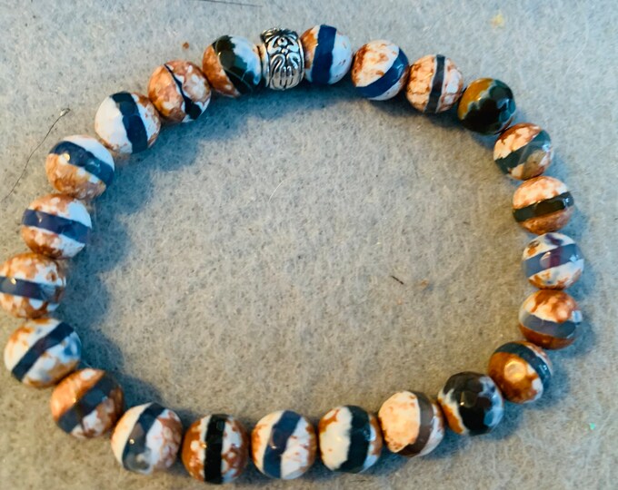 Brown and blue Tibetan Dzi Agate … beaded stretch bracelet  - Natural Gemstone 8 mm beads