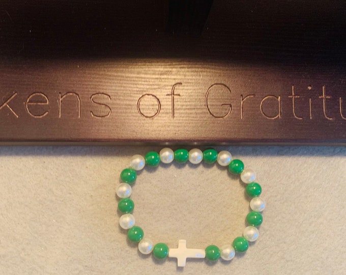 St Patricks Beaded Stretch Bracelet with white cross bead