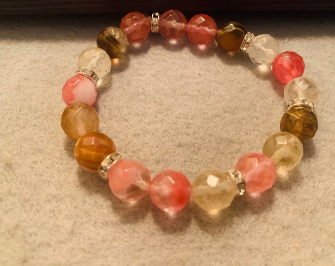Watermelon crystal pink and brown beaded stretch bracelet  - Natural Gemstone
