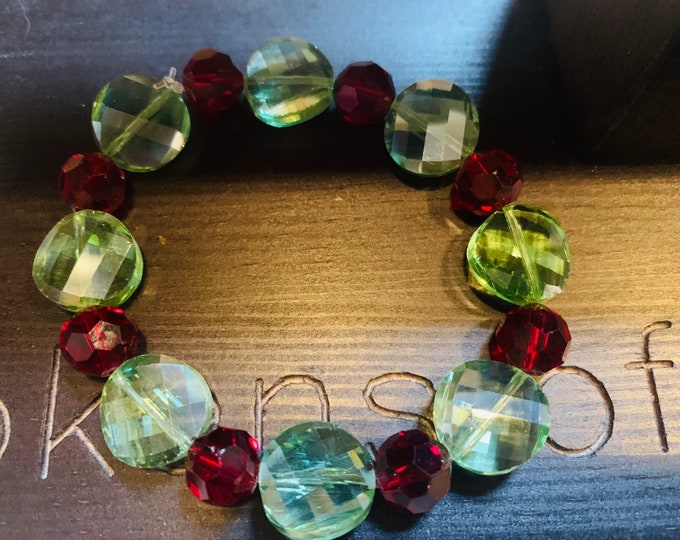 Holiday/ Red/ Green colored  Beaded Stretch Bracelet