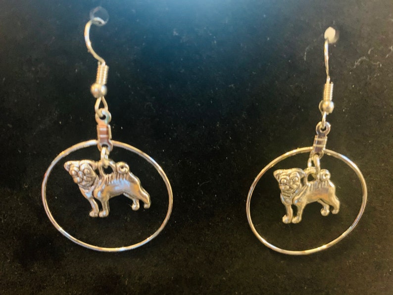 Customer Chooses Plain or in Circle Silver Pug Dangle Earrings