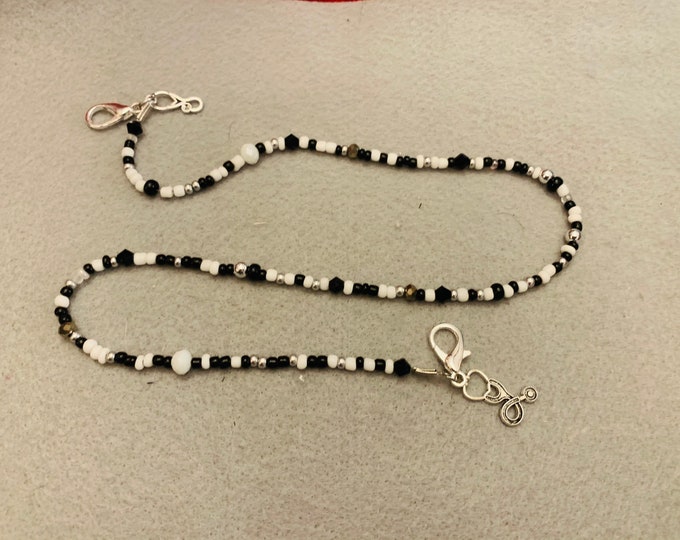 Black and White Beaded Glasses/ID Badge/ Mask Holder/lanyard with nurse charms (charms optional). See description for choices.