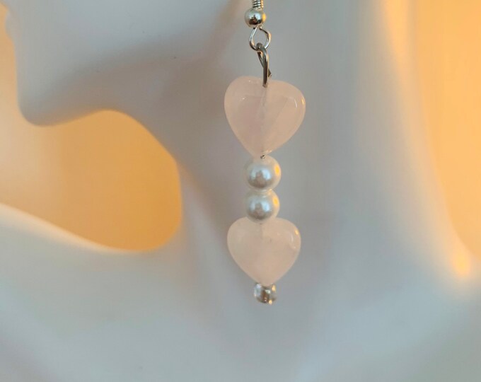 Pink rose quartz heart dangle Earrings