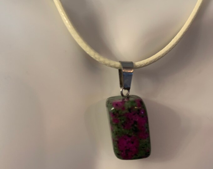 Green and Purple Stone Pendant  Necklace on white cord