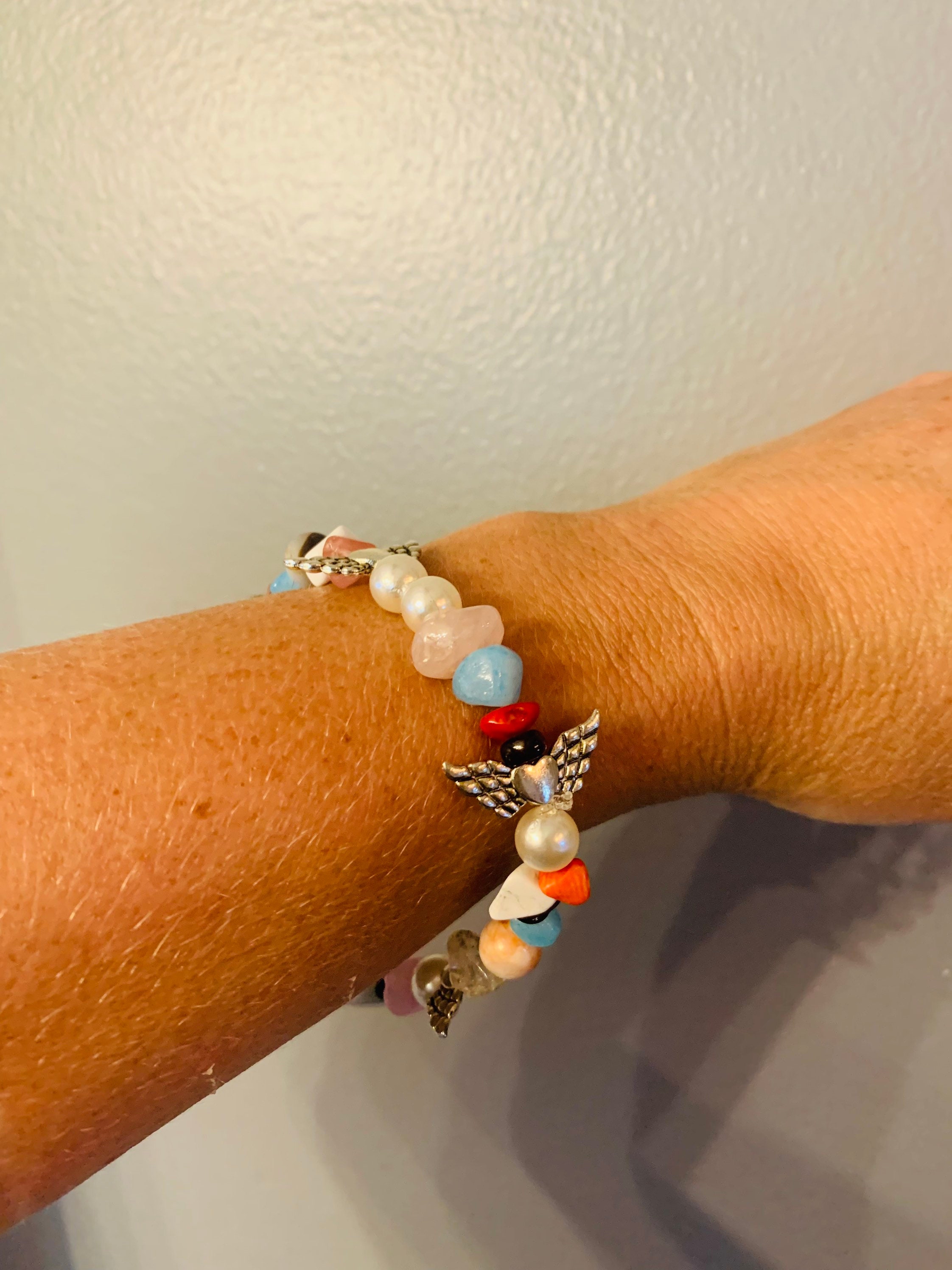 Angel Wing Beaded Stretch Bracelet With Stone Beads Etsy UK