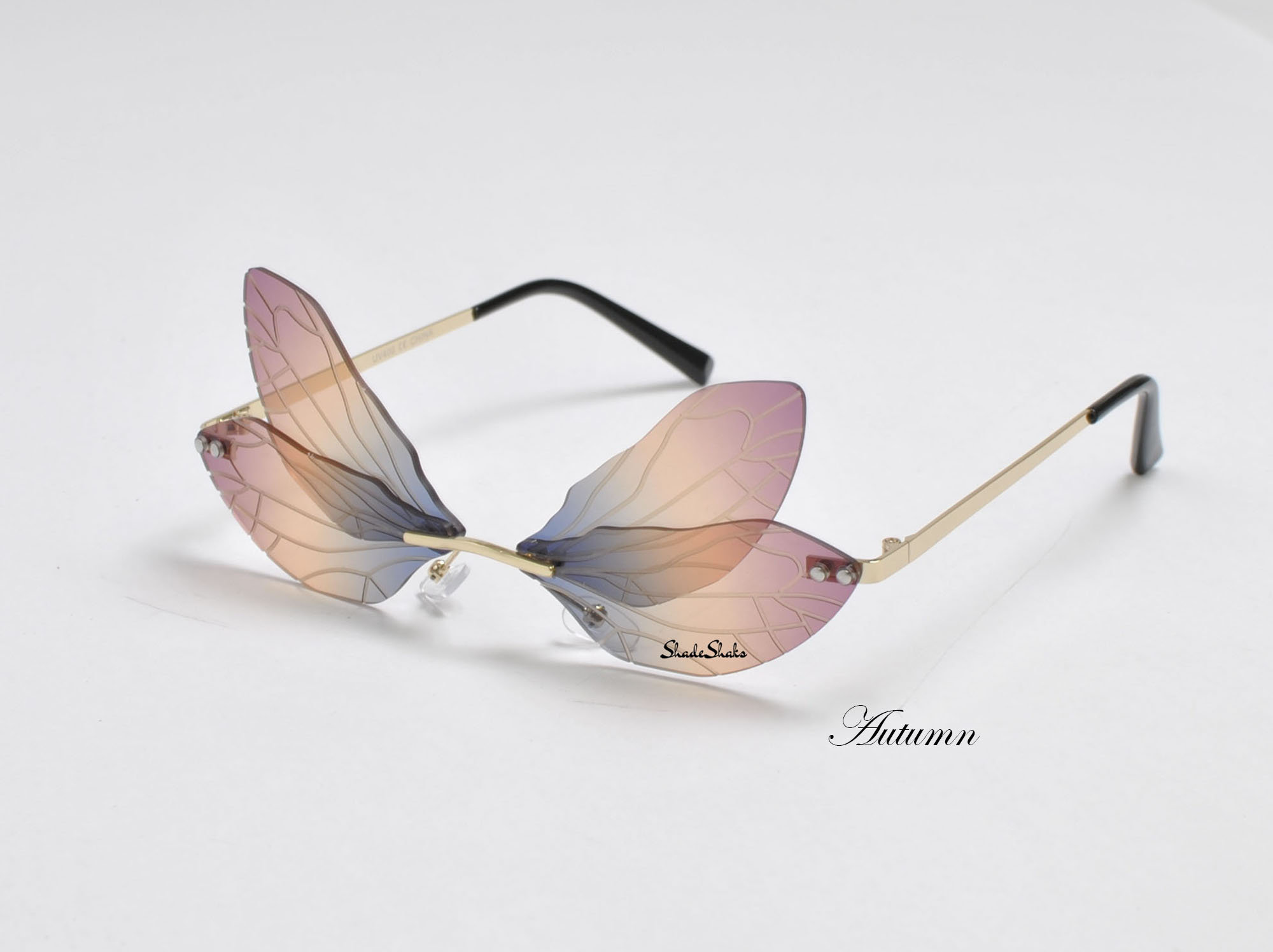 ?Women Brown Dragonfly Wing Shape Frameless Irregular Shades Party Sun Glasses Dragonfly Wing Sunglasses – Rave Fashion Goddess main image 2