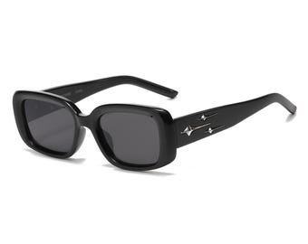 Y2K Starburst Rectangle Sunglasses | Retro Aesthetic Edgy | Punk Rock Gothic Eyewear | Trendy Chunky Square Shades | UV400 Lenses