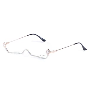 May include: Gold-tone metal glasses with a clear frame and rhinestones along the top edge. The glasses have a unique, wavy shape and feature a small, round, clear stone on each side.