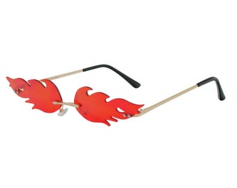 Y2K Fire Flame Sunglasses | Rimless Red Lens Eyewear | Festival Rave Sun Glasses | Edgy Aesthetic Frames | Hot Girl Summer Accessories