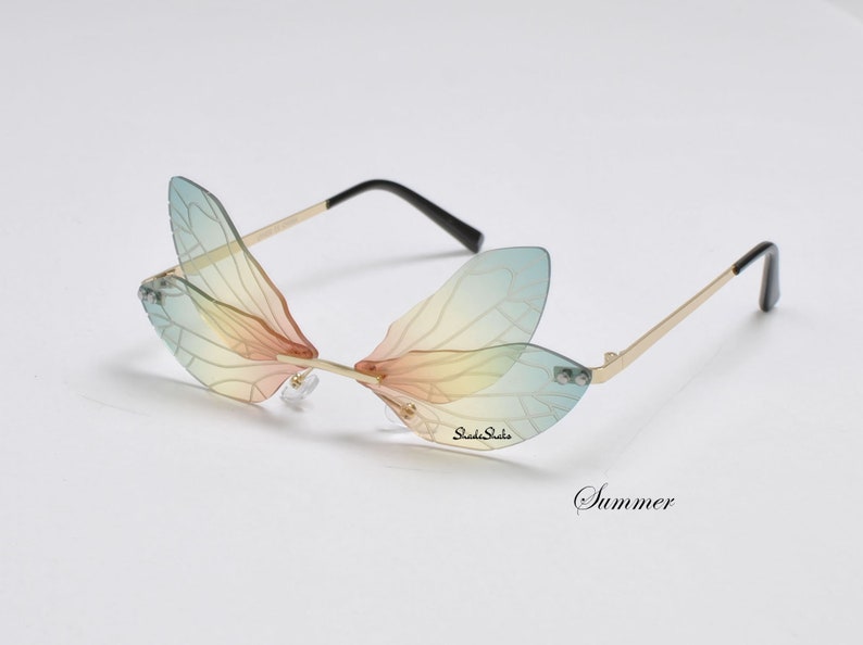 Dragonfly Fairy Wing Sunglasses Butterfly | Frameless Two Piece Shades | Outdoor Music Festival Rave Luxury Fashion | Cosplay Costume |