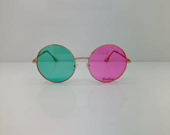 Green and Pink Round Sunglasses | Noodle Punk Rock | Gorillaz Trip Hop Shade | Cosplay Costume Rave Festival | Concert Halloween