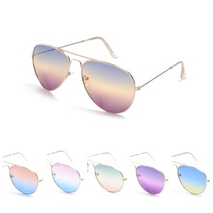 May include: Five pairs of aviator sunglasses with gradient lenses. The lenses are in different colors, including blue, pink, yellow, and green.