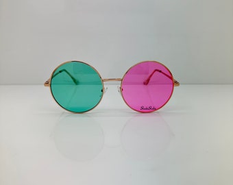 Green and Pink Round Sunglasses | Noodle Punk Rock | Gorillaz Trip Hop Shade | Cosplay Costume Rave Festival Coachella | Concert Halloween |