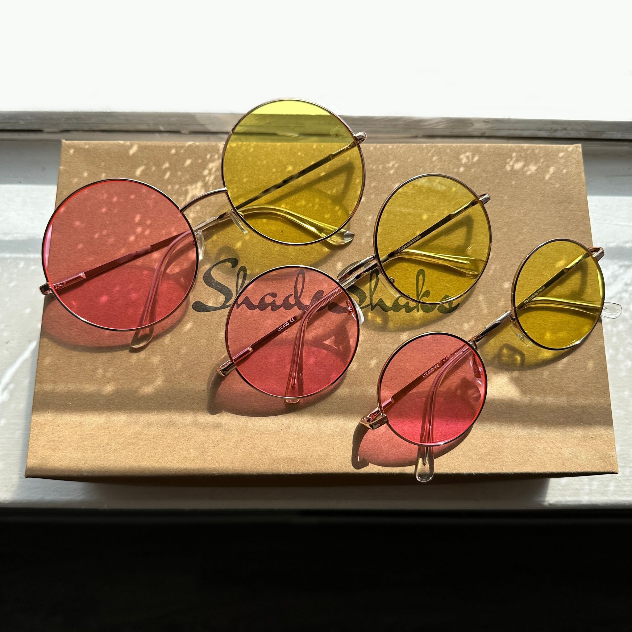 Yellow Round Sunglasses with Pink Temples Stripe Temple Mens Womens Retro Circle Round Vintage Look  main image 2