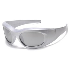 May include: Silver-colored sunglasses with a futuristic design. The glasses have a thick, curved frame and tinted lenses. The overall shape is streamlined and sporty, suggesting a modern aesthetic. The lenses are oval-shaped.