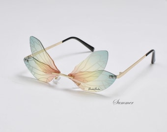 Libelle Fee Flügel Sonnenbrille Schmetterling | Rahmenlose zweiteilige Sonnenbrille | Outdoor Musik Festival Rave Luxus Fashion | Cosplay Kostüm