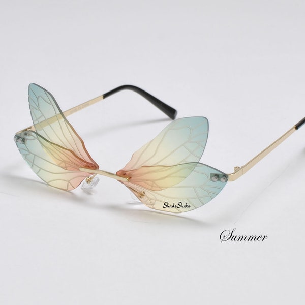 Lunettes de soleil ailes de fée libellule | Stores sans cadre en deux pièces | Festival de musique en plein air Rave Mode de luxe | Déguisement Cosplay