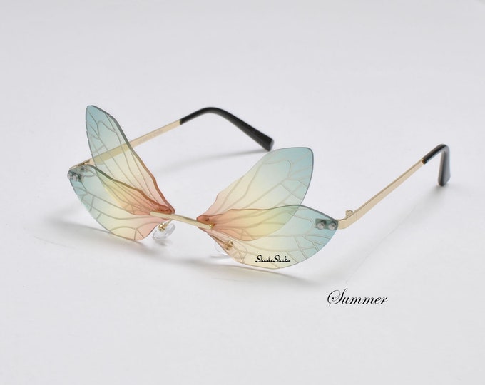Dragonfly Fairy Wing Sunglasses Butterfly | Frameless Two Piece Shades | Outdoor Music Festival Rave Luxury Fashion | Cosplay Costume