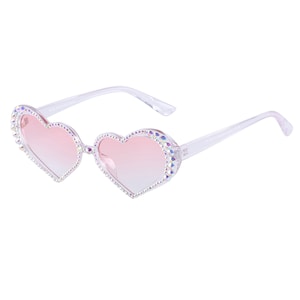 May include: Heart-shaped sunglasses with a clear frame and pink lenses. The frame is decorated with iridescent rhinestones.