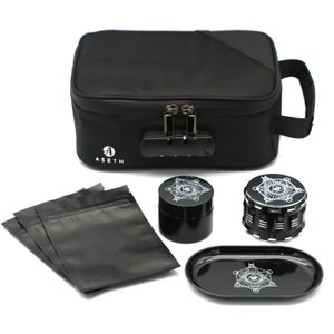 May include: Black storage bag with a combination lock, handle, and the brand name "ASETH". Includes a grinder, storage container, rolling tray, and black resealable bags. The grinder and tray feature a white geometric design.