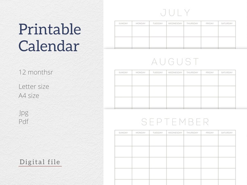 Monthly Blank Calendar, Monthly Planner Simple Calendar, Jpeg Printable ...
