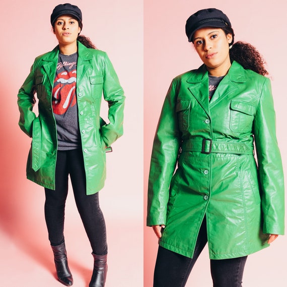 1970s Emerald Green Mod Leather Jacket with Belt -