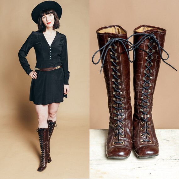 1960s/70s Brown Leather Lace Up GoGo Boots - SIZE