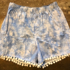 High Quality Cotton tie dye Shorts with Pom Poms trim! Free Shipping. Quantity discounts.