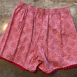Pajama red hot Shorts with Pom Pom trim! Free Shipping. Quantity discounts.