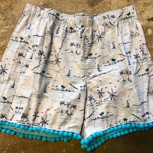 High Quality Cotton tropical Shorts with Pom Pom trim! Free Shipping. Quantity discounts.