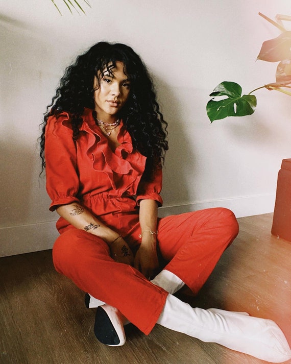 vintage 1970s red rose ruffle jumpsuit