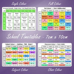 May include: Four school timetable templates measuring 7cm x 10cm, displayed on a purple background. Each grid shows weekly schedules with subjects, times, and classroom codes. The designs include single colour, full colour, subject colour, and class colour options with various fonts like VAGRounded and Calibri.