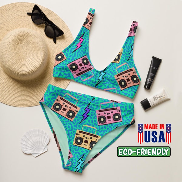 Retro 90s Music Party High-Waisted Bikini | Cassette Player Bikini | Two-Piece Swimsuit | Vintage Beach Swimwear | 90th Retro Style Biniki