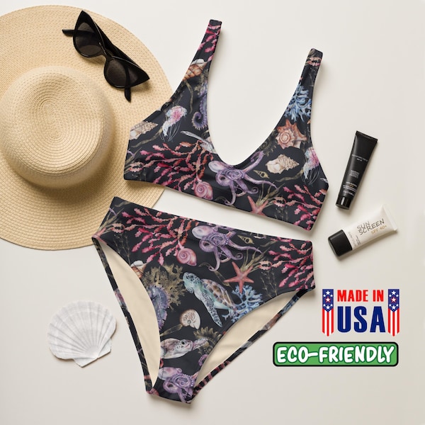 Sea Life High-Waisted Bikini | Octopus Bikini | Ocean Two-Piece Swimsuit | Vintage Beach Swimwear | Nautical Bathing Suit | Sea Lover Gift