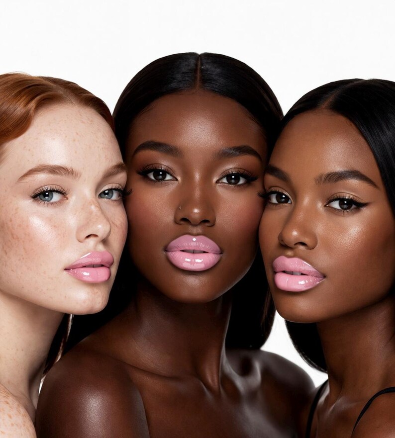 May include: Three women with different skin tones pose for a beauty shot. The woman on the left has red hair and freckles, the woman in the middle has dark skin, and the woman on the right has dark skin. All three women have glossy pink lipstick.
